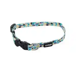 Adjustable Patterned Dog Collar, Teal Yellow Grey Stained Glass, 3/8" X 08"-12"