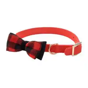 Microfiber Collar, Retro Red With Plaid Bow, 5/8" X 13"